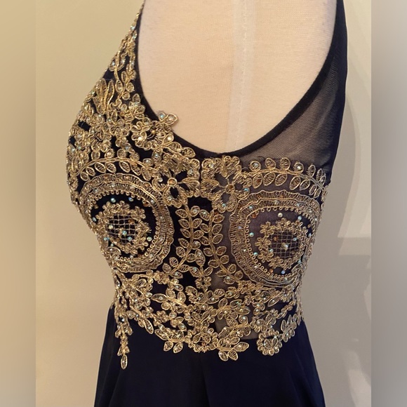 XSCAPE Gold and Navy Blue Party Dress with Beaded Accents - Picture 4 of 9